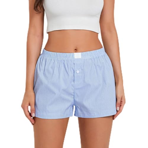 Y2k Plaid Shorts Baggy Boxer Shorts for Women Elastic Waist Casual Lounge Bottom Gingham Pajama Shorts Sleepwear (Light Blue #I7E, L)