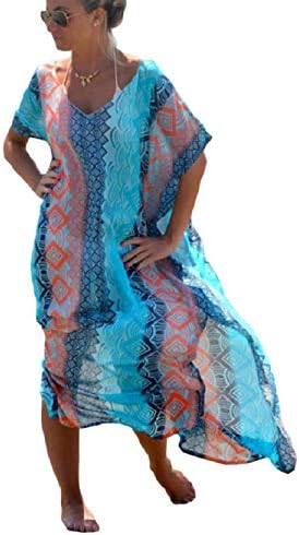 Bsubseach Women Plaid Short Sleeve Swimsuit Cover Up Sexy Deep V Neck Side Slit Beach Long Dress