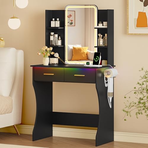 Image of Xixini Vanity Desk with LED Lights Mirror & Power Outlet, Small Makeup Vanity Table Set with Storage Drawers, 3 Lighting Modes & Adjustable Brightness, Dressing Table for Women Girls Bedroom, Black