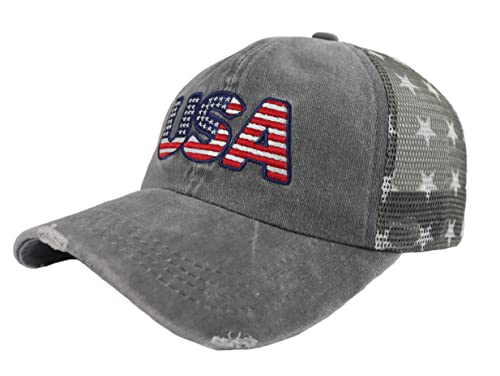 Image of American Flag Trucker Hat for Men Women, Adjustable Vintage Embroidery Washed Distressed USA Baseball Cap