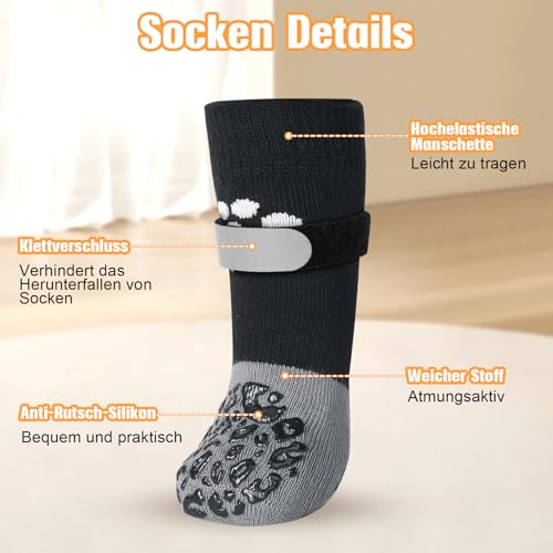 Alishomtll 2 Paar Doppelseitige Anti-Rutsch Hundesocken, Weiche Pfotenschutz Hunde mit Verstellbaren Riemen Klettverschluss, Hundeschuhe Socken für Innenbereich auf Hartholzböden (Schwarz, M)