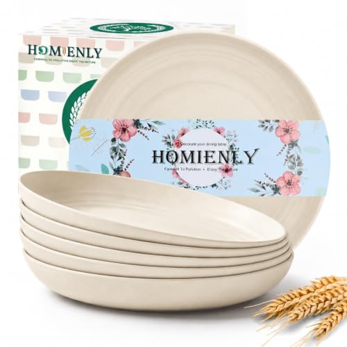 Homienly Deep Dinner Plates 10 Inch Wheat Straw Plates Set of 6 Large Salad Plates for Serving Unbreakable & Lightweight Plates Set for Picnic,RV Microwave & Dishwasher Safe Camping Plates (Beige)