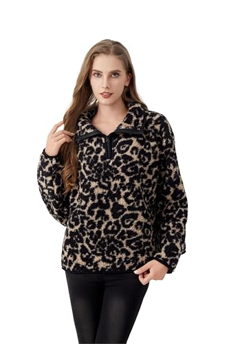 HYGLuosie Sping Fashion Faux Fur Pullover Jacket for Women, Half-Zip Stand Collar Fleece Outerwear with Animal Print, Daily Wear Black Leopard Medium