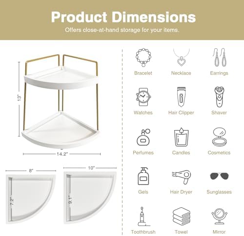 Forbena Corner Bathroom Counter Organizer, 2 Tier Bathroom Organizer Countertop, Small Bathroom Sink Top Trays Corner Shelf Stand for Makeup Vanity Perfume Skincare Decor Storage (White and Gold)