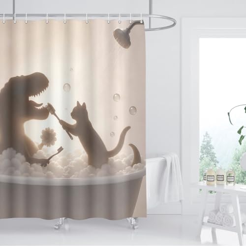 Image of Funny Cat Dinosaur Shower Curtain Cute Fun Cat Help Dino Bathe for Kids Boys Trex Silhouette Shower Curtains Unique Whimsical Bathroom Waterproof Polyester Fabric 72Lx72W Inch with Hooks