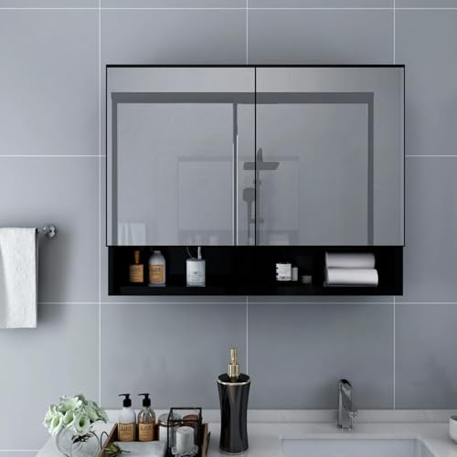 Cinyiqo Armario de Espejo de Baño con LED, Armario De Baño, Mueble Baño Colgar, Armario Pared Baño, Mueble De Baño, Gabinete De Baño, MDF Negro 80x15x60 cm