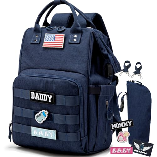 Image of QWREOIA Diaper Bag Backpack for Dad and Mom with USB Charging Port Stroller Straps and Insulated Pocket,army military Travel Nappy Backpack for Daddy/Mommy (Navy)