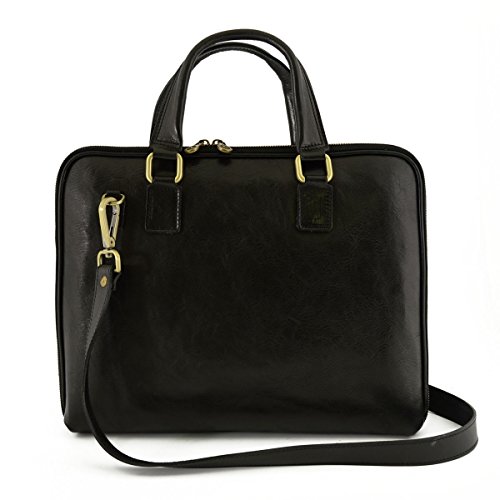 Porte-documents en cuir véritable noir avec glissière, cartable fabriqué en Italie