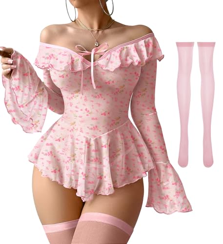 Image of Foxiny Sheer Ruffle Long Sleeve Babydoll Lingerie Dress | Off-shoulder neckline, flared cuffs and a flounce hem add movement; thong and thigh-high stockings complete the 3-piece set