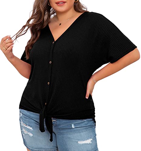 OLRIK Womens Plus Size Tops Short Sleeve V Neck Waffle Knit Tunic Blouse Tie Front Button Up T Shirts4