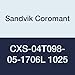Sandvik Coromant CXS-04T098-05-1706L 1025 Carbide Insert with a Locating Pin for Exact Location in the Holder Reduces Indexing Time and Guarantees Being on Center, CXS-xxT098..R/L Tool Style, 0.002" Radius (Pack of 1)