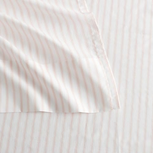 Image of Martha Stewart - Queen Size Sheets Set, Crisp & Tailored Cooling Sheets with a Smooth Cotton Percale Lightweight Feel - Bed Sheets with Matching Pillowcases & Fitted Sheet (Ticking Stripe Pink)