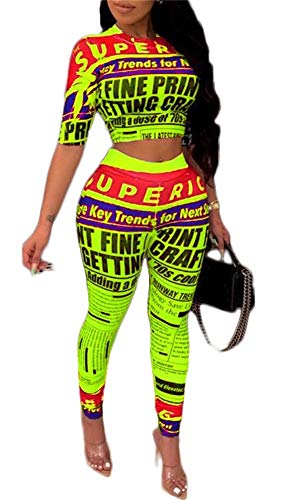 Women Party Club 2 Piece Outfits Letter Print Crew Neck Crop Top Skinny Long Pants Jummpsuits Plus Size