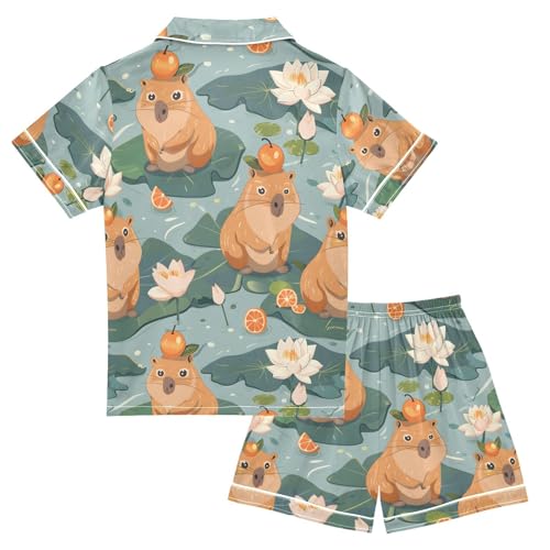 ALAZA Cute Capybara Water Lily Pajamas Satin Pajama Set Short Sleeve Button Down Sleepwear2