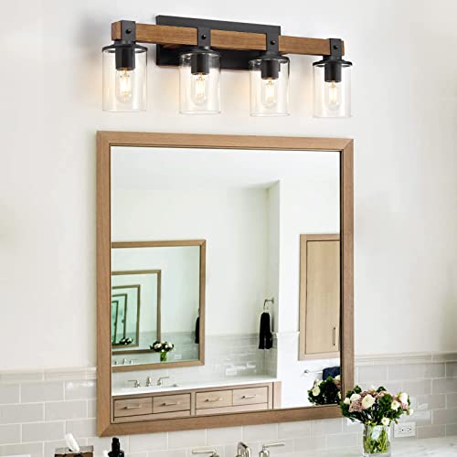 Farmhouse Vanity Light, 4-Light Rustic Bathroom Light Fixtures Over Mirror With Clear Glass Shade, Black Matte Bathroom Light Vintage, Farmhouse Vanity Lights For Bathroom(Wood, 4 Light) #TOP2