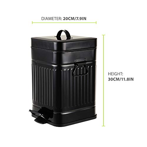 Image of Bathroom Trash Can with Lid, Small Garbage Bin for Home Bedroom, Retro Step Wastebasket with Soft Close, Vintage Metal Office Trash Can, 5 Liter / 1.3 Gallon, Glossy Black