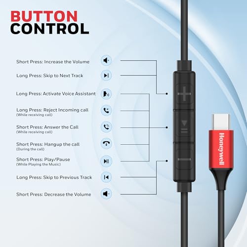 Image of Honeywell Suono P70 Wired in Ear Earphones with Built in Mic 10mm*2 Drivers, Noise Cancelling and Ultra HD Mic, IPX4, Voice Assistant Enabled, HD Sound & Clear Audio, Type C Compatible, 1.2 Mtr