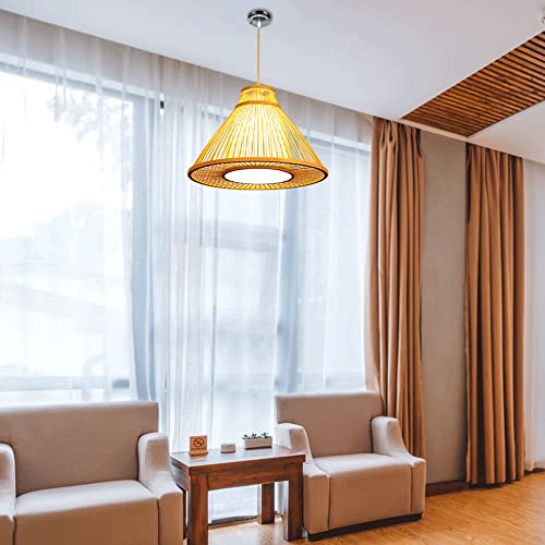 Lustre bambou cône E27 avec hauteur modulable et tressage ajouré