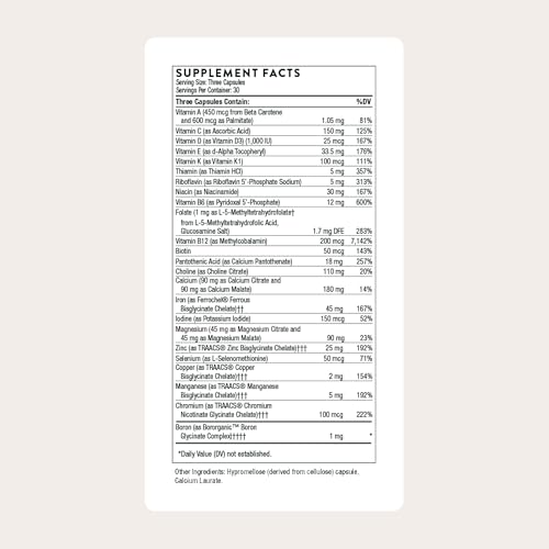 THORNE - Basic Prenatal - Well-Researched Folate Multi for Pregnant and Nursing Women Includes 18 Vitamins and Minerals, Plus Choline - Gluten, Dairy & Soy-Free - 90 Capsules - 30 Servings