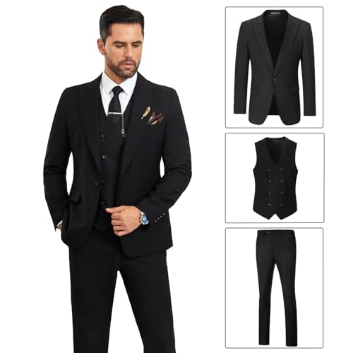 Image of Mens Suit Slim Fit 3 Piece Double Breasted Suit Men Formal Tuxedo Set Casual Wedding Prom Groom Suits