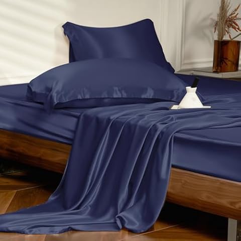 THXSILK 4pcs Silk Bed Sheets Set, 100% Long Stranded 25 Momme Mulberry Silk Bedding Set, Sheets and Pillowcase Set, Extremely Soft and Luxurious (Navy Blue, Queen) Cover