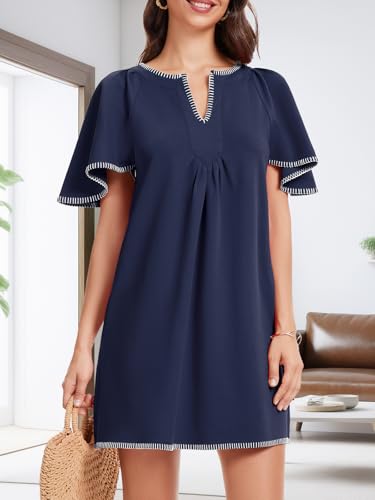 Image of KEOMUD Women's Summer Short Sleeve Mini Dress Casual V Neck Contrast Trim Flowy Shift Dresses with Pockets