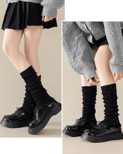 Image of Yawlsow Leg Warmers for Women Girls Y2k Knit Ruffle Leg Warmer Winter 80s with Sequins, Japanese Kawaii Harajuku Accessories