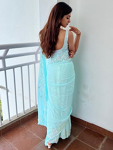 Image of AKHILAM Women's Georgette Embellished Saree With Unstitched Blouse Piece
