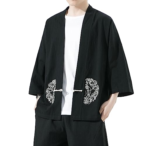 Image of Mens Kimono Cardigan Cotton Linen Japanese Shirt 3 /4 Sleeve Haori Yukata | Skin-Friendly Solid Color Lightweight Shawl Collar Kimono Robe Embroidery Button Tie Pockets Happi Coat All Season Daily Wear
