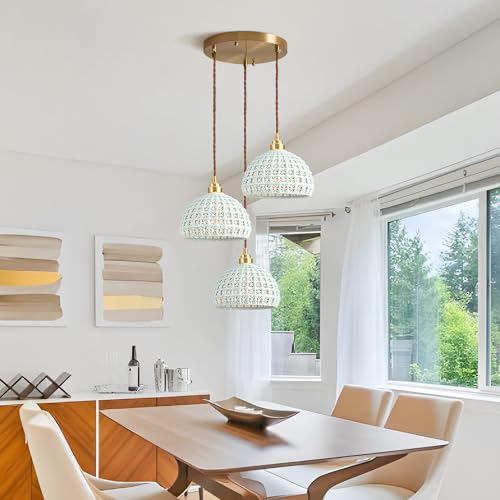 Image of Modern Pendant Light 3-Lights Fixture with Sky Blue Ceramic Shade Brass Vintage Pendant Lighting Industrial Dome Pendant Lamp for Bedroom Kitchen