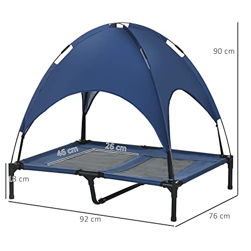 PawHut Erhöhtes Hundebett mit Baldachin, Haustierbett, Hundeliege Outdoor mit Dach, Atmungsaktiv, Taftstoff für Camping Dunkelblau 92 x 76 x 90 cm