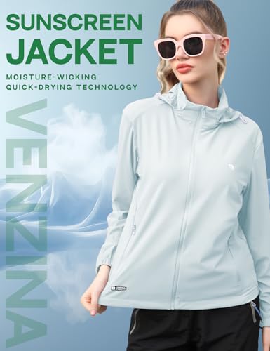 Image of Venzina UPF 150+ Sunscreen Jacket for Women, Stylish Sun Protection Jackets for Women, Cool Feel Quick Dry Sun Hoodie, Modern Fit with Removable Hat & Zip Pocket, for Driving, Camping