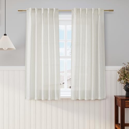 Image of Cream Cafe Curtains 54 Inch Length Set 2 Panel Back Tab Pocket Semi Sheer Short Linen Cream Curtain Tiers for Small Bathroom Window Basement 38x54
