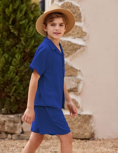 Image of Arshiner Boys 2 Pieces Summer Beach Outfits Short Sleeve Button Down Shirts and Shorts Vacation Texture Sets for Kids