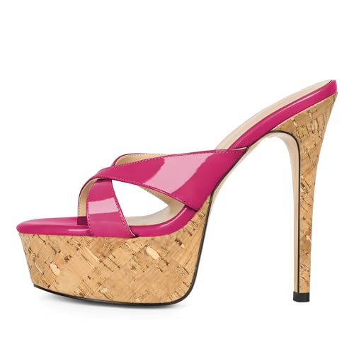 Image of Esvowido Heeled Mules for Women Cork Platform Stiletto Heels Slip on Open Toe High Heeled Sandals Crisscross Slippers Pumps Shoes