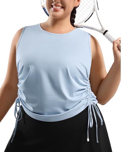 Image of Plus Size Tank Tops for Women Drawstring Sleeveless Quick Drying Tennis Shirts Loose Fit Running Golf Pickleball Workout Outfits(X-Large, Light Blue New)