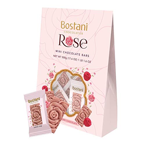Bostani Chocolatier Collection - ROSE Mini Chocolate Bar in Raspberry - Premium Belgian Chocolate Shaped like Mini Rose Bars in Four Flavours Perfect for Mother's Day (500g)
