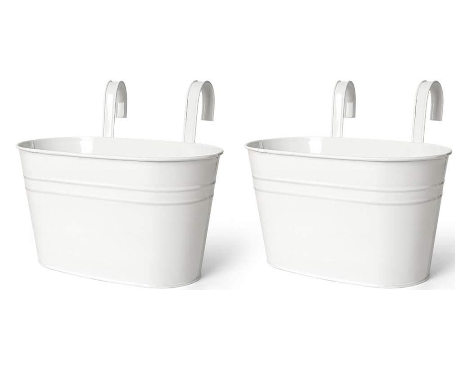 PRIME KRAFTS 12 INCH Anti Rust Railing Oval Planter for Balcony & Garden with Detachable Handle | Hanging Flowerpot Holder | Metal Wall Planter | Indoor and Outdoor Plant Container (White - Pack of 2)