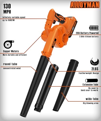 Alloyman Leaf Blower, 20V Cordless Leaf Blower, Leaf Blower Cordless with 2.0Ah Battery and Charger, Electric Leaf Blower for Yard Cleaning/Snow Blowing.