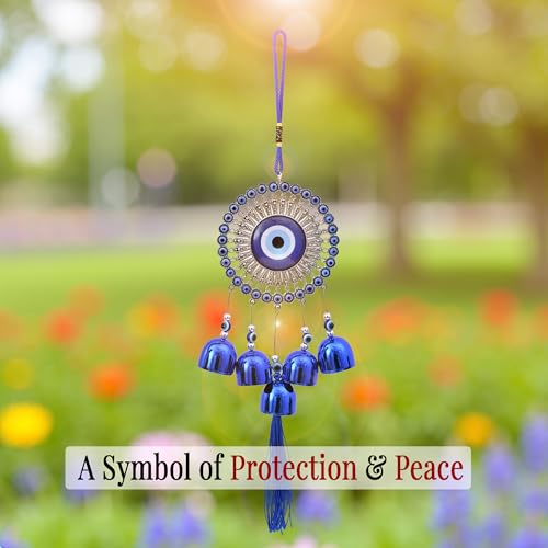 Image of Blue Evil Eye Wall Hanging with 5 Bells, Traditional Protection Charm, Decorative Tassel Ornament| Home Decor| Vastu| Nazar Protection|