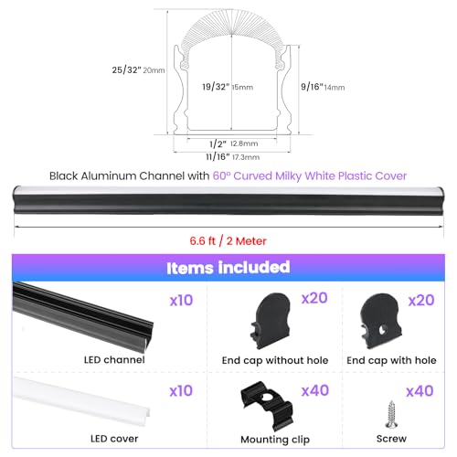 Image of Muzata 10Pack 6.6FT /2M Excellent Spotless LED Channel System with Milky White Cover Black Aluminum U Shape LED Strip Diffuser Channel U108 BW 2M