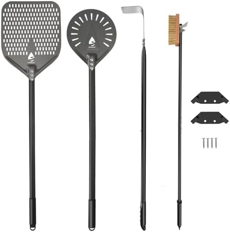 4 Piece Pizza Oven Kit Pizza Turning Peel 9 Inch Perforated Pizza Peel 12 Inch 40 Inch Aluminum Handle Pizza Oven Brush and Ash Rake Pizza Peel Set Pizza Oven Tools Kit