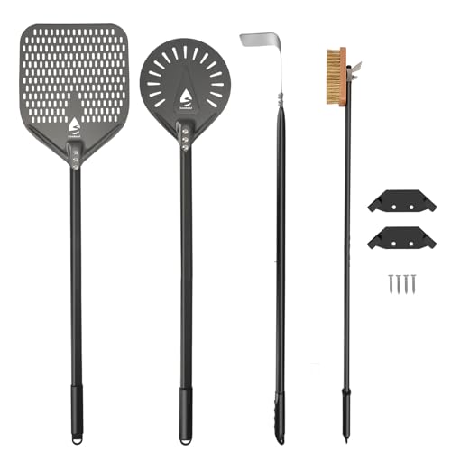 4 Piece Pizza Oven Kit Pizza Turning Peel 9 Inch Perforated Pizza Peel 12 Inch 40 Inch Aluminum Handle Pizza Oven Brush and Ash Rake Pizza Peel Set Pizza Oven Tools Kit