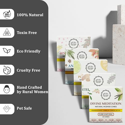 Raajsee Natural Incense Cones,6 Pack Mixed Scents Gift Pack 15 pc Each (90 Total), Insense Cones Variety Pack, 100% Organic Non Toxic Natural - Hand Rolled Free from Chemicals (Pack 3)