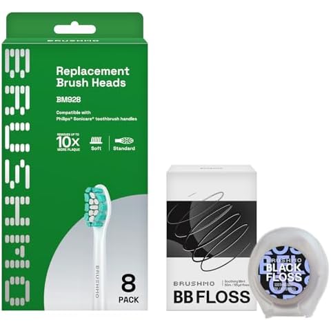 Brushmo Plaque Control Replacement Toothbrush Heads Compatible for Philips Sonicare HX9023 White Bundle with Brushmo Black Woven Expanding Dental Floss, Natural Wax to Prevent Gum Disease Cover