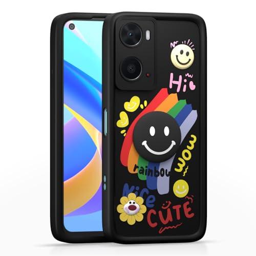 Image of Pikkme Back Cover for Oppo A76 / Oppo A96 / Oppo A36 | Soft Silicone| Cute Rainbow Smile & 3D Cartoon Flower Design | Shockproof Raised Camera Protection Bumper Case (Black)