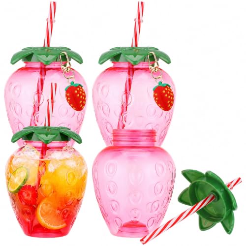 Image of Housoutil 4 Pack Strawberry Cups with Straw and Pendants, 500ml Reusable Plastic Strawberry Tumblers, Strawberries Drinking Cups for Spring Hawaiian Summer Berry First Birthday Party Decor Supplies