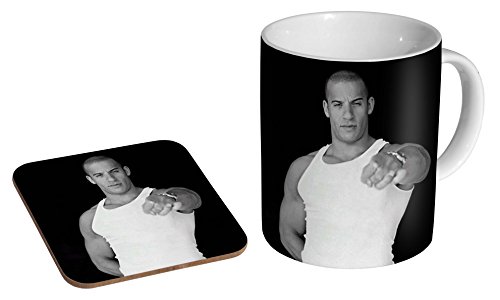 mugmart Vin Diesel BW Tasse à café en céramique + Dessous-de-Verre Coffret Cadeau