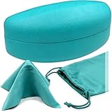 Hard Eyeglass & Sunglasses Case with Microfiber Cleaning Cloth | For Men and Women | Oversized To Protect Glasses w/Extra Large Frames | Clamshell | AS179 Teal |