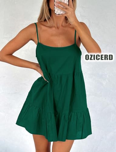 Image of OZICERD Flowy Short Sundress Mini Babydoll Dresses for Women Going Out Tiered Ruffle Beach Spaghetti Strap Swing Dress Cute